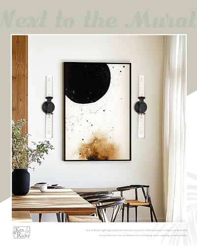 Image of Ken & Ricky Hardwired Modern 24 inch Wall Sconces Set of Two, Black | Clear Glass,Easy Install,Sconces Decor，2PK,Wall Light fixtures for Bathroom Mirror Living Room Hallway Bedroom