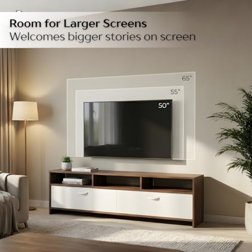 Image of BLUEWUD Mannsae Engineered Wood Floor TV Cabinet /Entertainment Unit /Set Top Box Stand /TV Table Panel with Shelves for Books & Decor Display Unit Living Room Upto 65 Inches - DIY (Brown Maple & White)