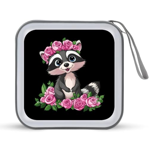 Raccoon with Rose CD Case Portable DVD Holder Storage Organizer for Home Travel