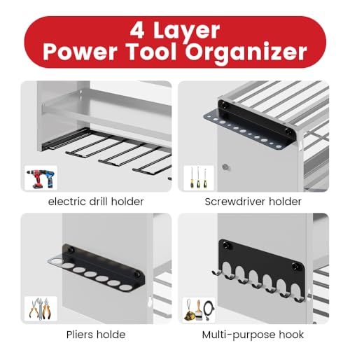 Image of 4 Layers Power Tool Organizer Wall Mount with Power Strip, Heavy Duty Metal Tool Shelf, 400lbs Capacity for Cordless Drills, Batteries & Garage Storage (8 Slots with 8 Outlets Power Strip)