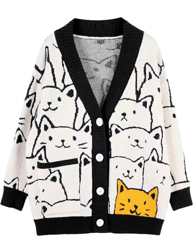 Wyeysyt Cat Sweater For Women Casual Button Down V Neck Cable Knit Cardigan Cute Kawaii Cartoon Cardigan Coat(Black-S) At Women's Clothing Store