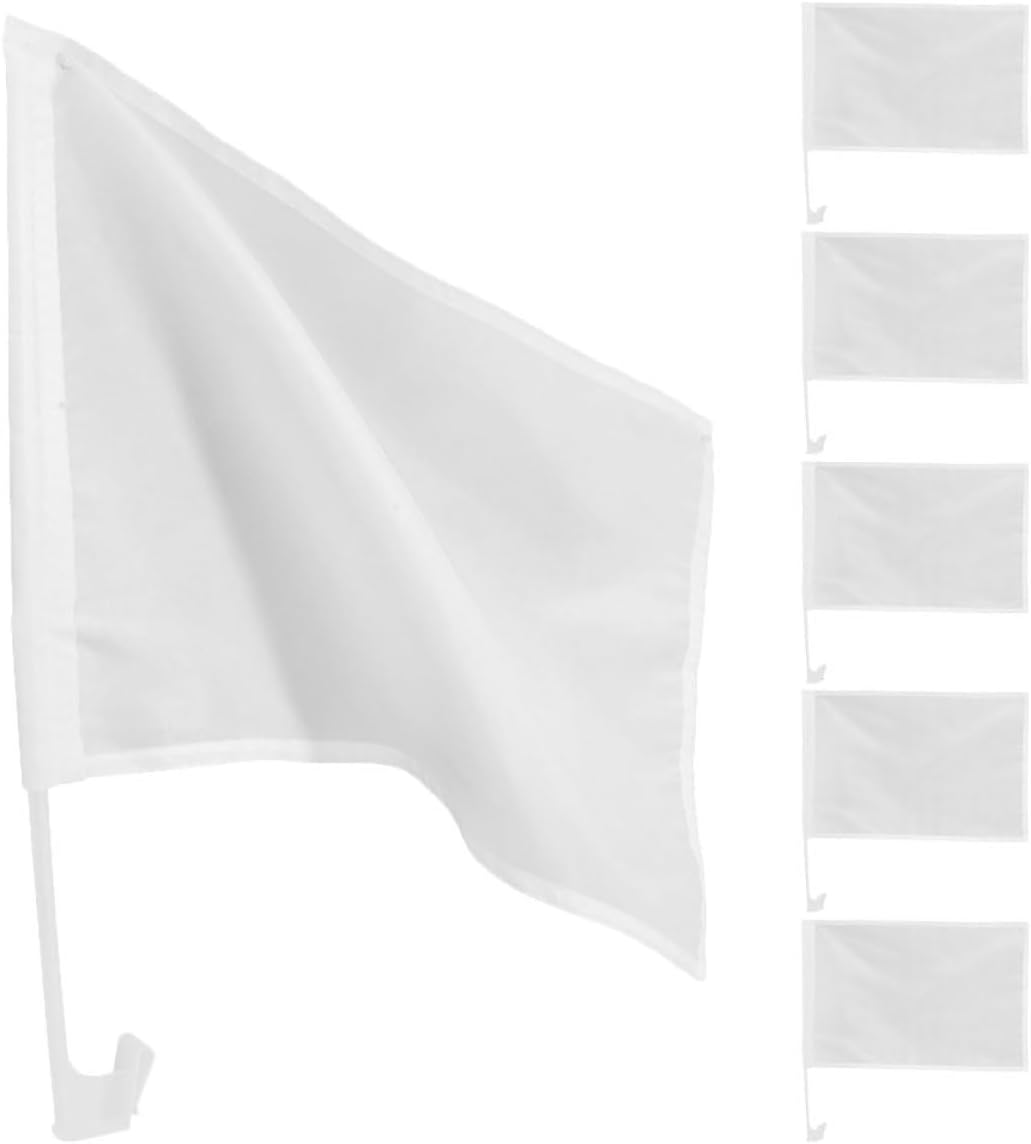 6pcs Blank White Car Flags with 43cm Solid Poles, Handheld Mini DIY Plain Banners for Vehicle Decoration and Outdoor Sports Events