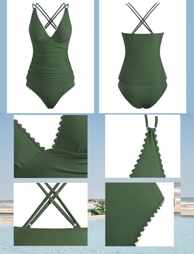 Image of ZAFUL Womens Tankini Swimsuits V Neck Push Up Swim Top Color Block Tummy Control High Waisted Bathing Suits Swim Bottom