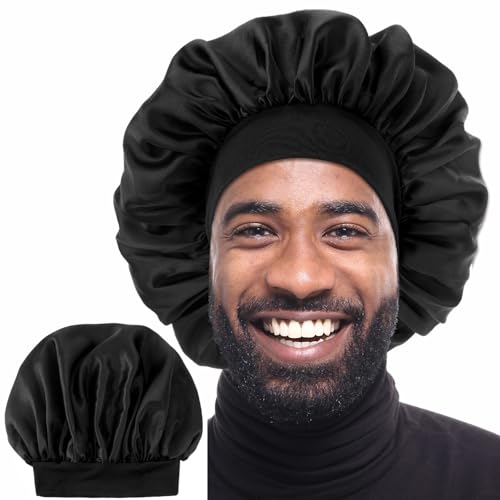 Dimeho Gorro de Seda para Hombre y Mujer - Satén Ajustable de Una Sola Capa para el Cabello Sedoso, Reversible para Dormir, Trenzas Rizadas, Holgado (Negro)