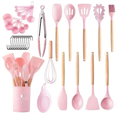 キッチンツール セット 調理器具 33点セット 一人暮らし 台所用品 新居祝い プレゼント 母の日プレゼント 耐熱 耐久性 木製ハンドル 和洋中料理に適用 抗菌 傷つかない フライ返し おたま トング 泡立て器 スプーンなど 北ヨーロッパ風のオ (ピンク