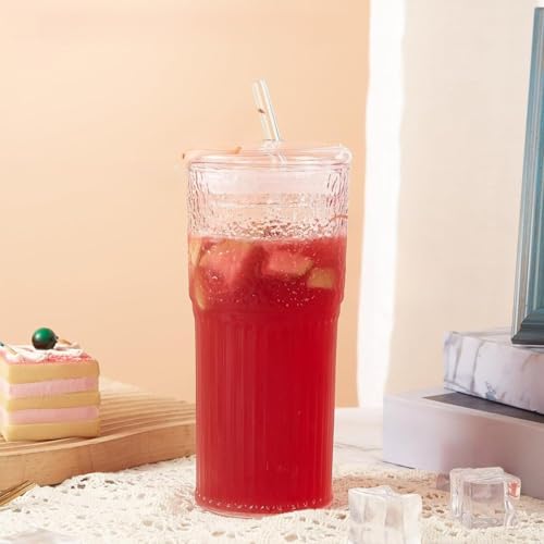 Hxuolue 2個セット 650ml ガラスコップ 耐熱コップハイボールグラス ストロー付き蓋付きうすはりタンブラーグラスキャニスターグラスコーヒージュースミルクティーアイスグラスコップマグカップクリスタルグラスカクテルグラスおしゃれ祝い (ピンク色-2