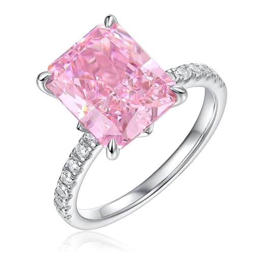 5CT Radiant Cut Pink Pink Diamond Ring, 18k White Gold Plated Wedding Band, D Color VVS1 Clarity Engagement Ring for Women, Sterling Silver Lab Grown Diamond Rings, Promise Rings for Her.