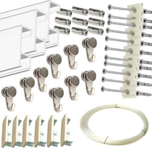 Colgar Cuadros en Pared con guía de Aluminio | 9 m (7 guías) + 9 colgadores + 9 Ganchos RM + 14 m de Nylon | 26 Tacos y Anclajes | Blanco | Sistema Modular | Instalación rápida y Limpia