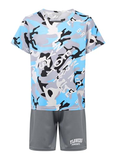 easyforever Kids Boys Sports Outfit Set Short Sleeve Camouflage Print T-shirt With Shorts For Soccer Basketball Workout Light Blue 13-14 Years3
