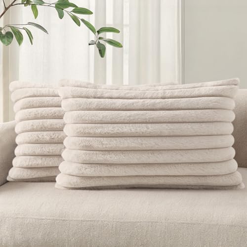 Image of Pallene Faux Fur Plush Lumbar Throw Pillow Covers 12x20 Set of 2, Luxury Soft Fluffy Striped Decorative Pillow Covers for Sofa, Couch, Living Room, Tan
