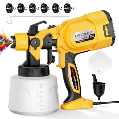 Paint Sprayer, 1000W Spray Paint Gun with 6 Brass Nozzles, Even Coating & No Drips, 1400ml Large Container, 1200ml/Min High Flow, 3 Spray Patterns, Paint Sprayer for House Painting, Furniture, Fence
