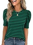 Dokotoo Womens Summer Tops 2026 Fashion Crew Neck Cute Striped Shirts Puff Short Sleeve Green Striped T Shirts for Women Dressy Casual Blouses Elegant Knit Business Causal Clothes Medium