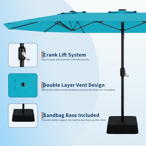 15FT Rectangular Patio Umbrella with Base Included - Large Patio Umbrella with Crank Handle, UV Protection for Outdoor Market, Backyard, Pool - Turquois