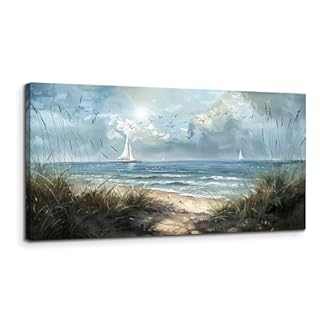 MHARTK66 Tableau Decoration Murale Salon Moderne, 50x100 cm Grand Impression sur Toile, Cadre Decoration Murale Bateau À Voile au Bord de Mer, Décoration de Chambre Salle De Bain Maison Décorations