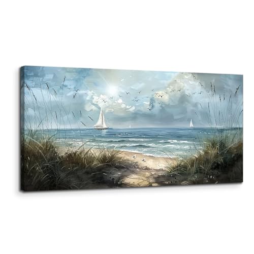 MHARTK66 Tableau Decoration Murale Salon Moderne, 50x100 cm Grand Impression sur Toile, Cadre Decoration Murale Bateau À Voile au Bord de Mer, Décoration de Chambre Salle De Bain Maison Décorations