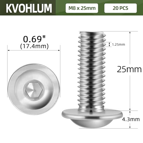 Image of M8-1.25 x 25mm 20 PCS Flanged Button Head Socket Cap Bolts Screws, Stainless Steel 304, Allen Socket Drive, Screwdriver Bit Included, Bright Finish, Fully Machine Thread
