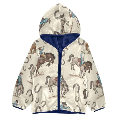 Cowboy Riding Horse Pattern Toddler Fleece Jacket Girl Boys Hooded Fleece Jacket Coat Warm Outwear Zip-up 3-10T