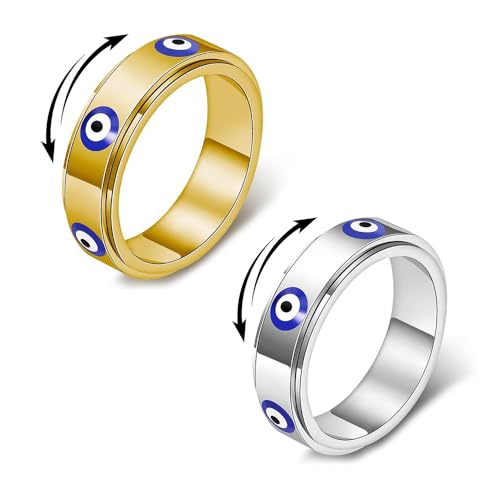XFSRG Anillo Ojo Turco – Anillo Spinner de Acero Inoxidable Chapado en Oro 18K Antiestrés y Ansiedad Amuleto de Suerte Apilable Unisex (7)