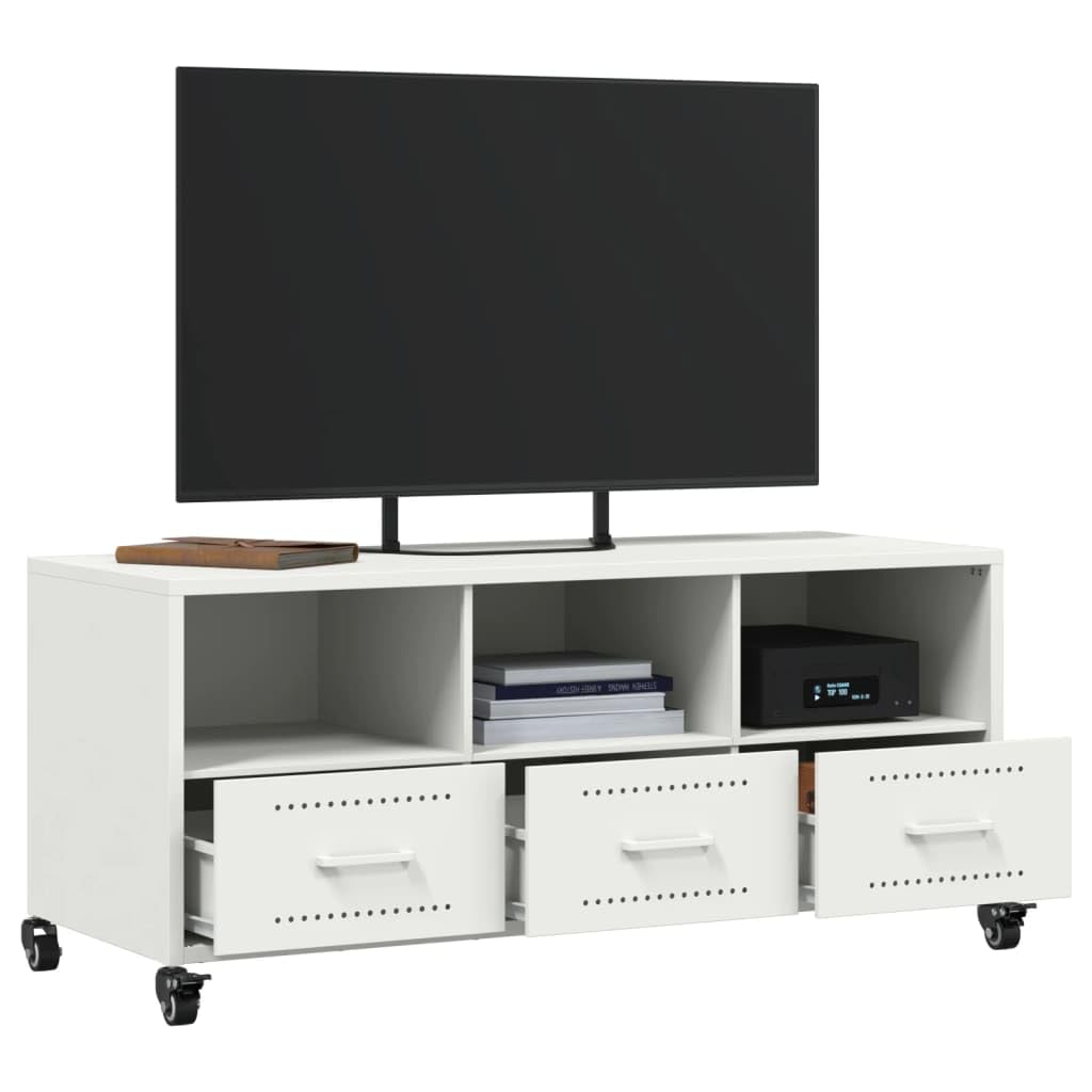 Mueble de TV blanco de acero laminado en frío, 100,5 x 39 x 43,5 cm, con 3 cajones y 3 compartimentos, con ruedas, mueble versátil para salón, dormitorio, cine en casa