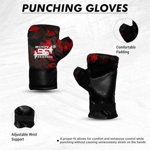 Image of Kids Champ Junior Punching Set | 1 Punching Bag, 1 Head Guard, 2 Gloves | Boxing Training Punching Bag & Gloves for Boys & Girls | for 3 to 10 Years Kids (Set of 4) (Red Camo)