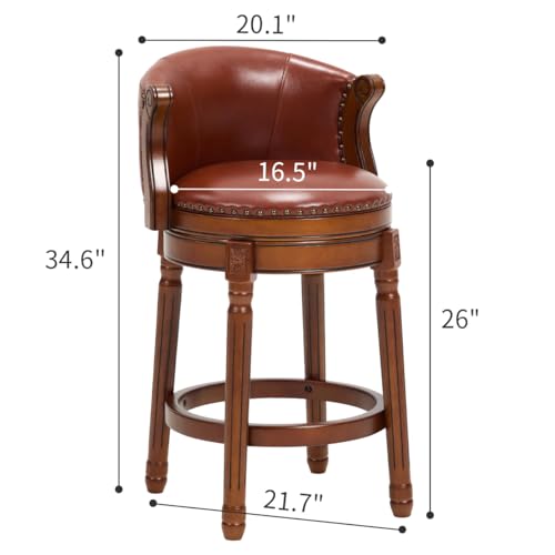 Image of Cow top Leather Wooden Bar Stools, 26.5 inch Counter Height Bar Chair with Back, 180 Degrees Swivel Barstools Chair for Home Kitchen Counter,Dining Room (Brown-1pc, Counter Height-Seat Height 26 inch)