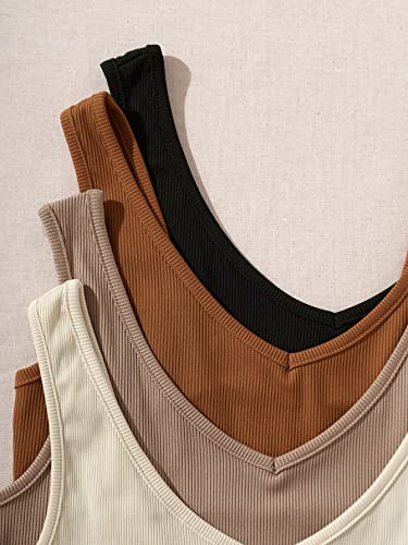 Milumia Women's 4 Pack Ribbed Knit V Neck Sleeveless Plain Fitted Crop Tank Top Set3