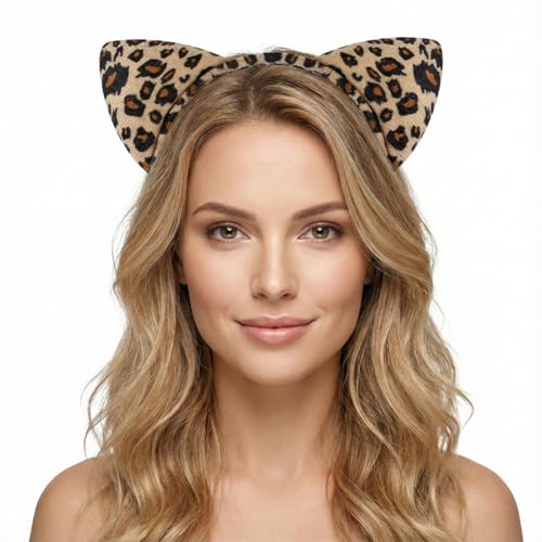 CATZUM Leoparden-Stirnband Cartoon-Tier-Stirnband Kurzplüsch Haarreif Leopard Katzenohr Stirnbänder für Halloween Karneval Cosplay Mottoparty Kostüm (Leopard)