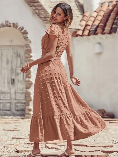 Image of PRETTYGARDEN Womens Dresses 2026 Summer Maxi Dress Boho Short Sleeve V Neck Swiss Dot Ruffle Tiered Smocked Flowy Long Dress