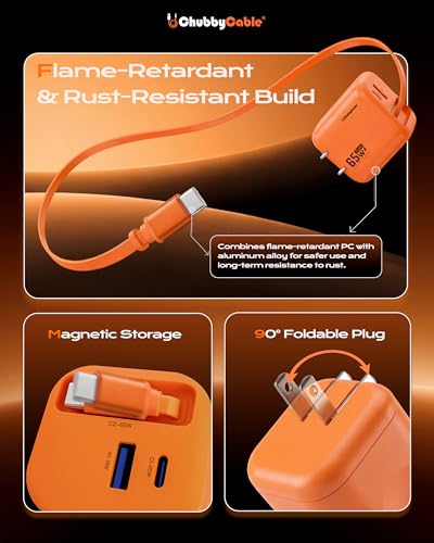 Image of ChubbyCable ChubbyCharge MagCore 65W GaN Wall Charger with Built-in Retractable Magnetic Cable, USB C Fast Charging Block Compatible with iPhone 17 /16 /15, Pad, Galaxy, Pixel