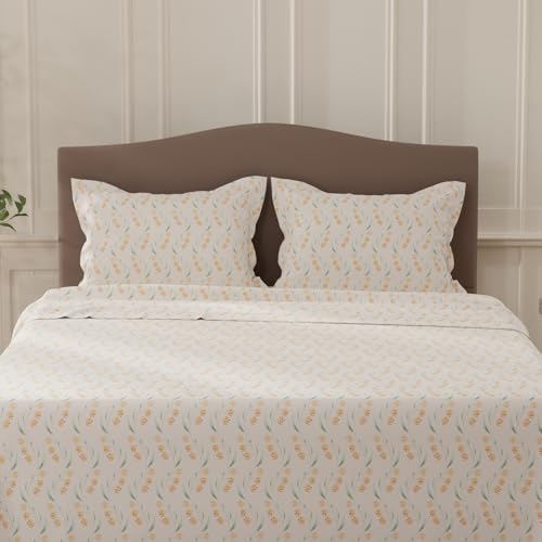 Image of Layers 100% Cotton Bedsheet for Double Size Bed | Lumina Floret Collection | 144 TC Soft & Breathable | Floral Print with 2 Pillow Covers | Wrinkle Free & Colorfast | 3 Piece Bedding Set - Cream