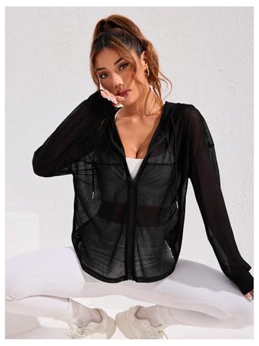 SweatyRocks Jaqueta feminina com capuz de malha transparente com capuz e zíper, Preto, M