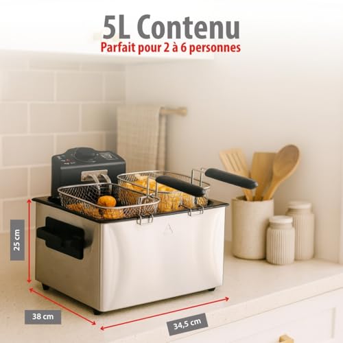 Alpina Friteuse à Huile 5 Litres - Double avec 3 Paniers (1 Grand, 2 Petits) - Grande Capacité jusqu'à 190 °C - 2000W - Inox, Acier Inoxydable – Image 5