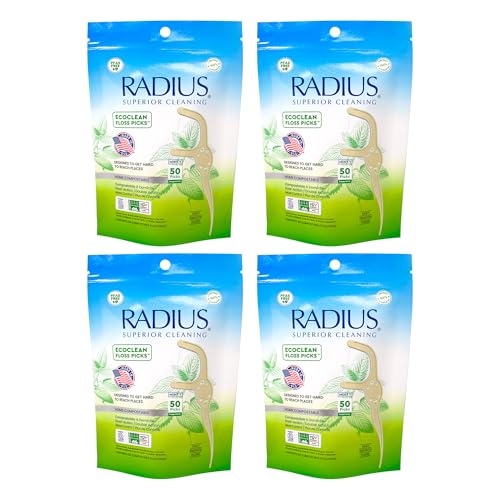 RADIUS Peppermint EcoClean Compostable Floss Picks Adult for Oral Care Boost Non Toxic Tooth & Gum Protection (50 Single Use Flossers per Pack) - Pack of 4