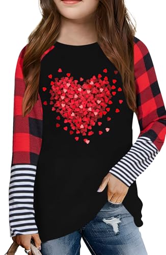 Image of LAZYCHILD Kids Valentine Shirt Girls Valentines Day Shirts Heart Graphic Long Sleeve Striped Tee Tops 5-14 Years