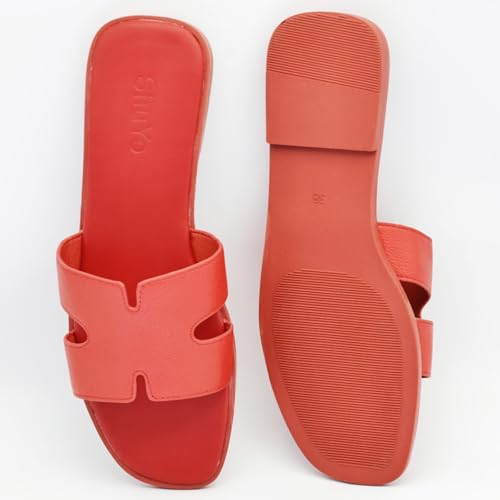 Women's Flat Sandals, Ladies Leather Slippers, Comfy Dressy Slip on Shoes Elegant Slides Summer Fall Spring Cute Open Toe Casual Footwear4