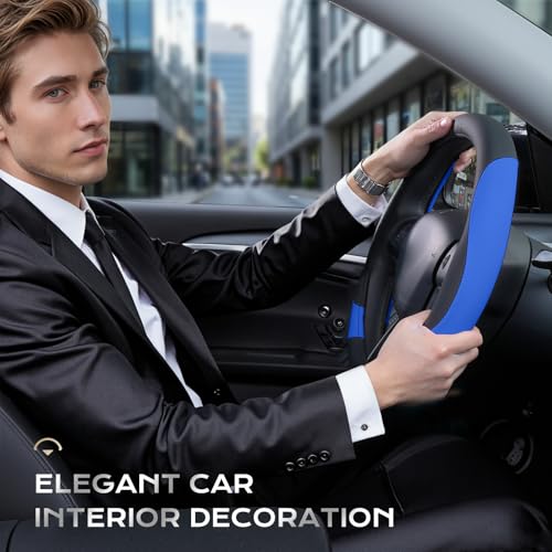 Image of Coverado Car Steering Wheel Cover, Nappa Leather Black & Blue Steering Wheel Covers for Women, Universal 14-15 inch, Anti-Slip, Breathable Steering Wheel Protector