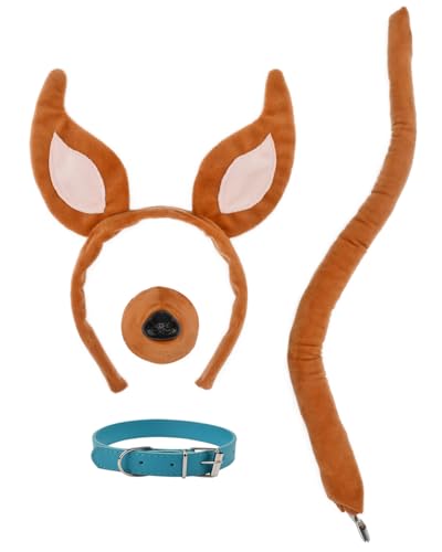 HODRME 4 Pieces Dog Ears and Tail Set-Brown Puppy Headband with Collar Nose Tail Cosplay Party Halloween Costume Accessories for Kids and Adults