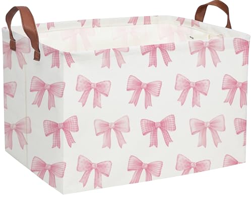Image of Sanjiaofeng Rectangular Kids Basket Pink Storage Bins,Girls Storage Baskets with Handles.Clothers,Toys,Books,Kid's Gifts Storage. (Pink Bowknot)