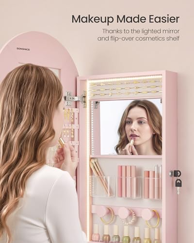 Image of SONGMICS Wide Jewelry Organizer, LED Jewelry Cabinet Wall /Door Mounted, Arched Mirror with Storage, Lockable, Rounded Corner, Interior Mirror, 3.9 x 16.5 x 42.5 Inches, Jelly Pink UJJC020SA01S
