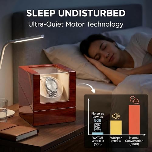 Image of Automatic Watch Winder, Ultra-Quiet Motor (<10dB), Single Watch Winder Box with AC & Battery Power, Hand-Polished High-Gloss Piano Finish, Luxury Watch Winder for Men, Fits Most Automatic Mechanical Watches