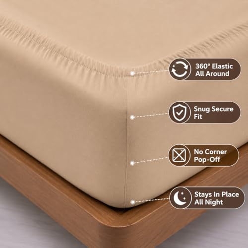 Image of Blue Strip Fitted Bedsheet with 2 Pillow Covers, Beige, 72x78 Inch, 360 Elastic, Fits Double, Queen & King Beds up to 8 inch Deep