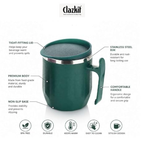 Image of Clazkit Travel Leak Proof Coffee Mug | Stainless Steel Coffee Tumbler | Spill-Proof Lid | Hot & Cold Vacuum Mug for Office, Travel & Car -300ml - Dark Green
