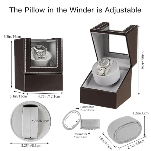 Image of Automatic Single Watch Winder with Quiet Japanese Motor,AC Adapter or Battery Powered,Premium Leather Exterior and Soft Flexible Watch Pillows for Men's and Women's Watches