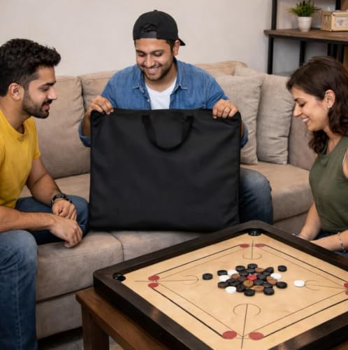 Image of Primium Carrom Board Cover with Strong Handle - Waterproof & Dustproof Nylon Storage Bag, Zipper Chain Closure, Extra Pouch for Coins, Striker & Powder, Lightweight & Durable - Black (30 x 30)