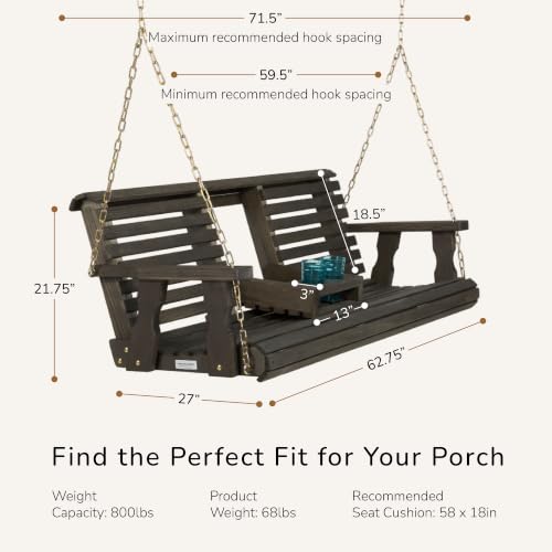 Image of Porchgate Amish Heavy Duty Console Porch Swing with Fold Down Cup Holders in Dark Walnut Stain - Amish Made in The USA from Treated Pine, Hanging Chains Included