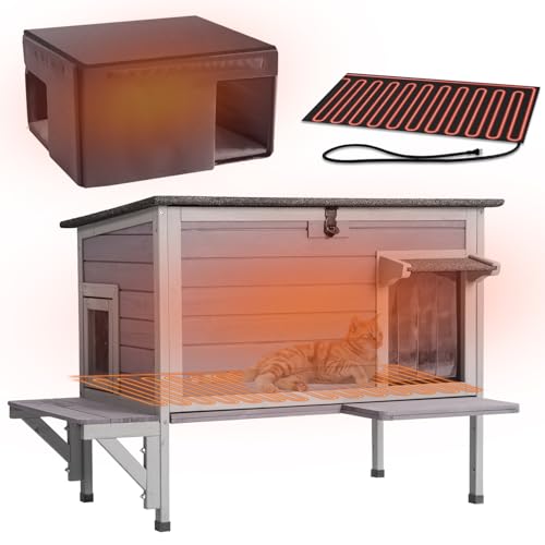 GUTINNEEN Heated Cat House with Anti-Chewing Cable Insulated Cat House Outdoor Weatherproof with Liner Feral Cat Shelter with Heater