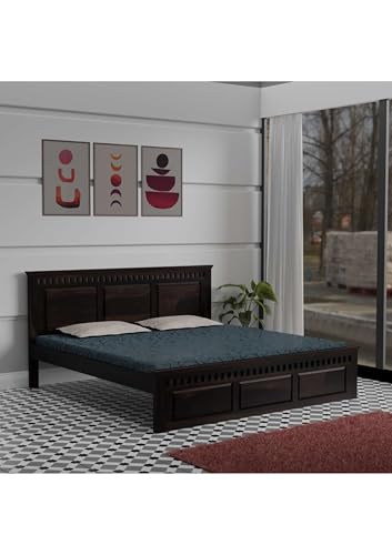 Image of Solid Sheesham Wood Queen Size Bed Without Storage | Wooden Double Bed Cot for Bedroom Furniture | Platform Bed | Palang for Hotels | Walnut Finish, Recommended Mattress Size: 78 X 60 Inch