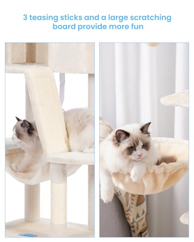 Hey-brother Kratzbaum, 134,6 cm, Katzenturm für Indoor-Katzen, Katzenhaus mit gepolstertem Plattformbett, Spielzeugbälle, großer gemütlicher Höhle, Hängematten und Sisal-Kratzbäume, Beige MPJ019-SM
