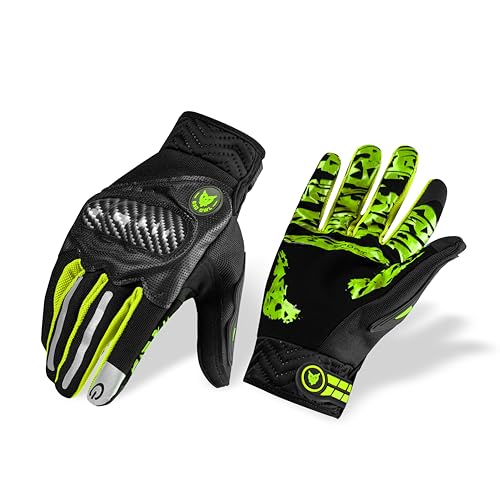 Image of BADOWL Carbon Fiber PVC Knuckle Protection Riding Gloves | Touchscreen Sports Gloves with Anti-Slip Grip | Breathable, All-Weather, (NEON Green, L)