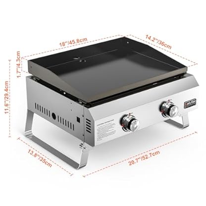 onlyfire Plancha Tischgasgrill, Mobiler BBQ Tischgrill Gas, Kleiner Gasgrill Balkon, Tragbarer Gas-Plancha, inkl. 2 Brenner aus Edelstahl, Grillfläche 45,8 x 36 cm, Keramische Lackbeschichtung, 4,7KW – Bild 3